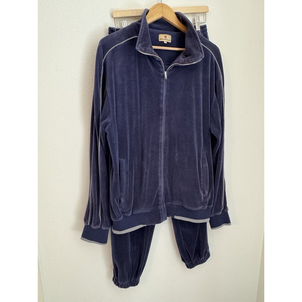 Sweatsedo Mens L Velour Track Suit Jacket Pants Blue With Gray Trim Full Zip 90s